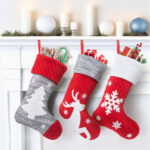 1Pc Personalized Snowflake Christmas Stocking, Custom Knit Red Christmas Stocking with White Cuff, Large Holiday Stocking for Family Fireplace Christmas Decor
