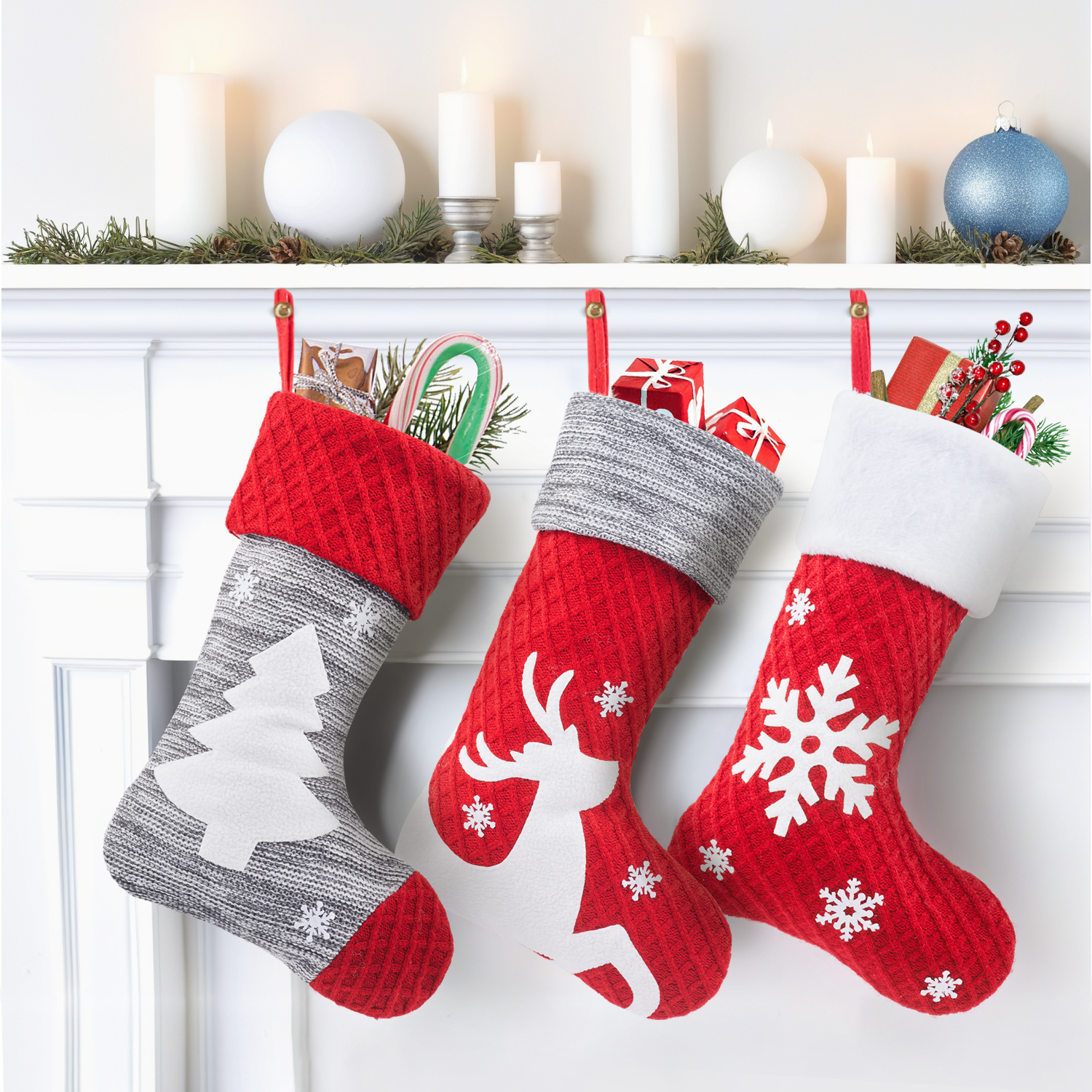 1 1Pc Personalized Snowflake Christmas Stocking, Custom Knit Red Christmas Stocking with White Cuff, Large Holiday Stocking for Family Fireplace Christmas Decor - Image 1