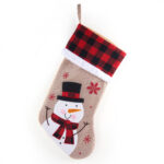1PC Personalized Christmas Stocking, Custom Name Burlap Stocking with Buffalo Plaid Cuff, Soft Faux Fur Trim, Glitter Embroidered Snowman, 18.5" Holiday Mantel Decoration