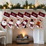 1PC Personalized Christmas Stocking, Custom Name Burlap Stocking with Buffalo Plaid Cuff, Soft Faux Fur Trim, Glitter Embroidered Snowman, 18.5" Holiday Mantel Decoration - Image 3