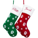 1PC Large Christmas stocking, 22.13 x 46.02 cm, featuring a dog paw print and snowflake pattern, hanging stocking, red and green Christmas decorative gift bag, hanging decoration, perfect for Christmas holiday parties, pet home decor