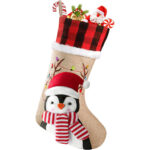 1PC Snowman Santa Penguin Christmas Stockings with Personalized Name Tag Large Family Christmas Stocking Burlap Plaid Xmas Stockings Holiday Christmas Fireplace Decor Gifts for Family Kids - Image 5