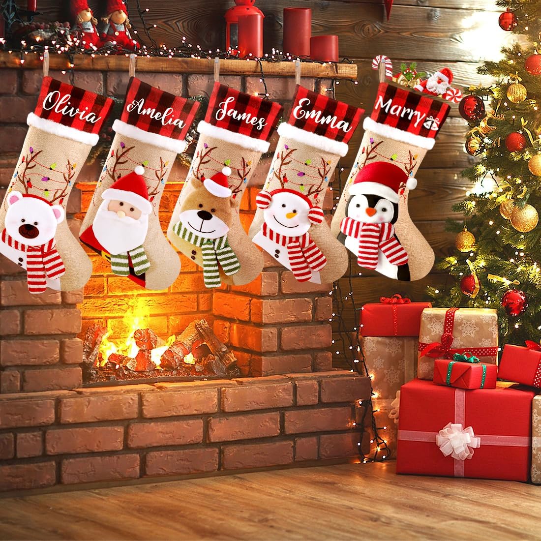 71AQDlEJlwL._AC_SL1100_ 1PC Snowman Santa Penguin Christmas Stockings with Personalized Name Tag Large Family Christmas Stocking Burlap Plaid Xmas Stockings Holiday Christmas Fireplace Decor Gifts for Family Kids - Image 1