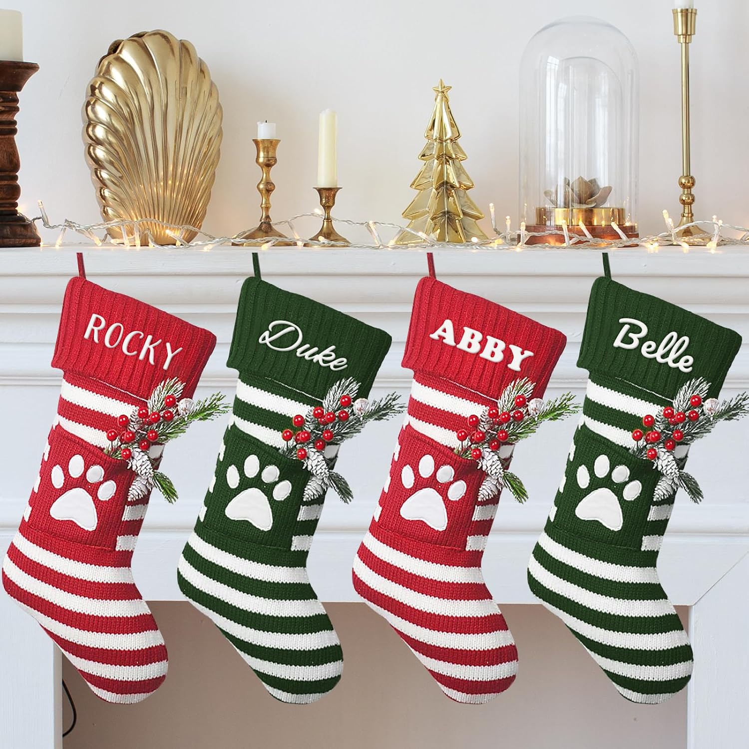 811enDySw4L._AC_SL1500_ 1PC personalized Christmas stocking, fireplace hanging Christmas stocking decoration, red and green striped claw design, knitted hanging stocking decoration, suitable for family holiday decoration fireplace hanging stocking - Image 1