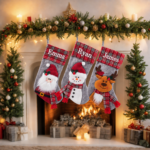 1PC 18-inch large gray Christmas decorative stocking, featuring 3D Santa Claus/Snowman/Reindeer dolls, suitable for home use as a hanging Christmas decoration for stairs and fireplaces - Image 3