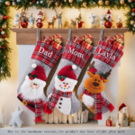 1PC 18-inch large gray Christmas decorative stocking, featuring 3D Santa Claus/Snowman/Reindeer dolls, suitable for home use as a hanging Christmas decoration for stairs and fireplaces