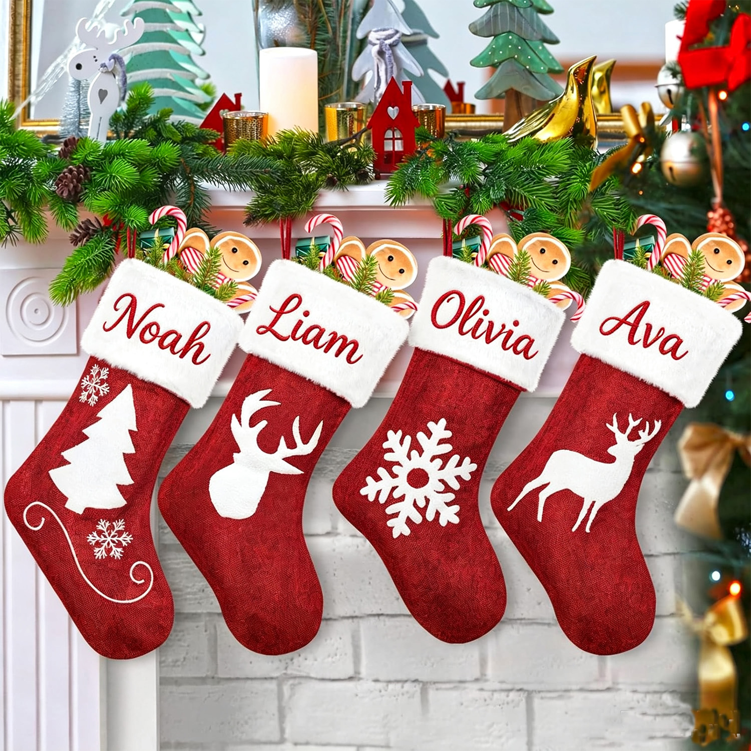 未标题-1 1PC Christmas stocking decorative sock, soft classic red and white fireplace/cloak hanging, family holiday Christmas party decoration, snowflake tree deer design - Image 1